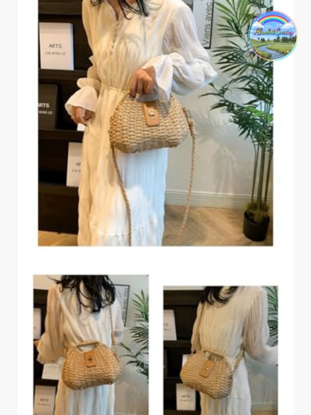 Handmade Straw Woven Crossbody Beach Dumpling Bag Tote Clutch - Picture 4 of 7